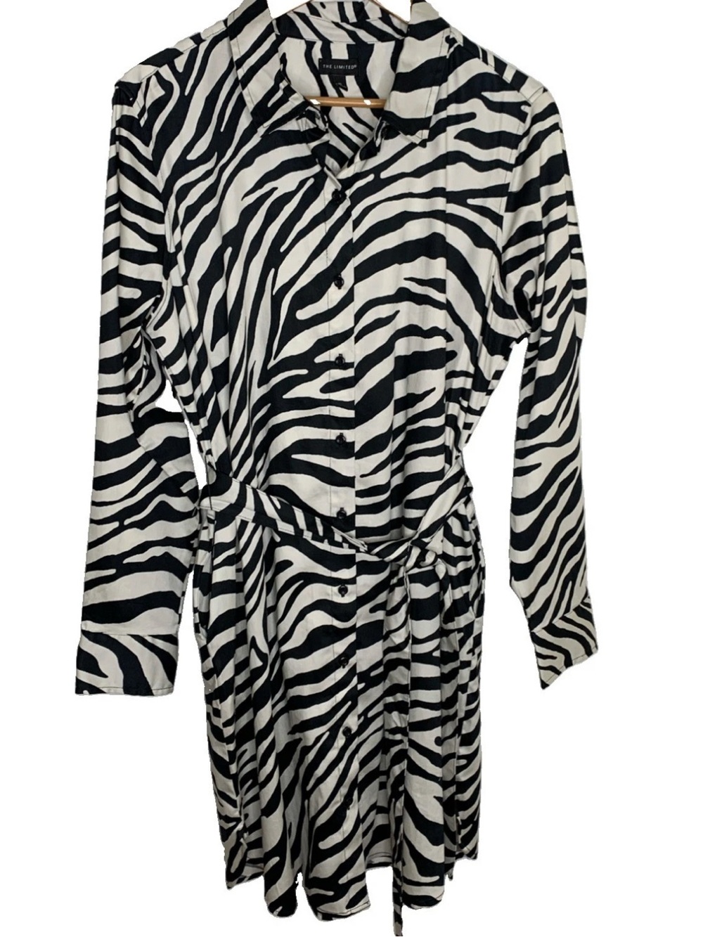 The Limited Zebra Print Shirt Dress W/ Tie Waist Pockets Size XL Artsy Long Sl